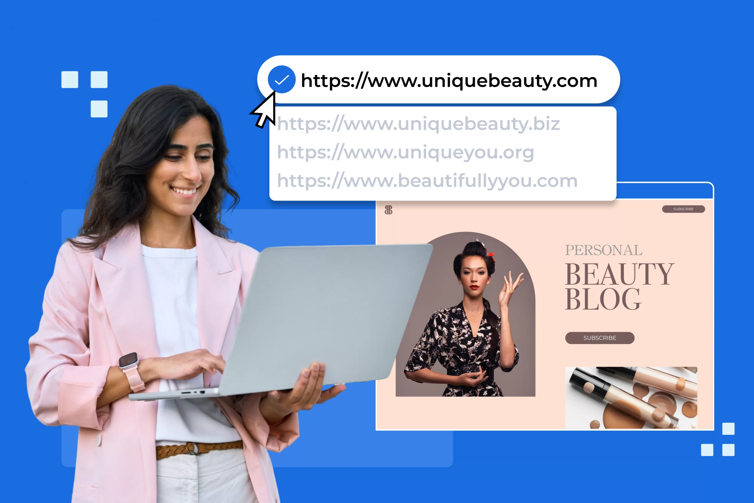 A woman using a laptop, representing website speed optimization, with a focus on improving website performance and user experience for a beauty blog.