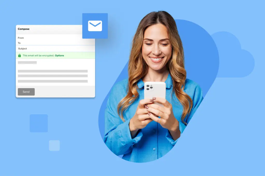 Smiling woman using a smartphone with an email interface and an encrypted email notification on a blue background.