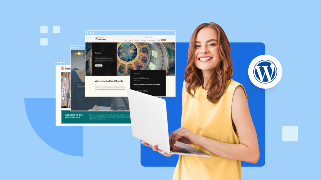 A smiling woman in a yellow top holding a laptop, with Landing page design services in the background, symbolizing website design and customization.
