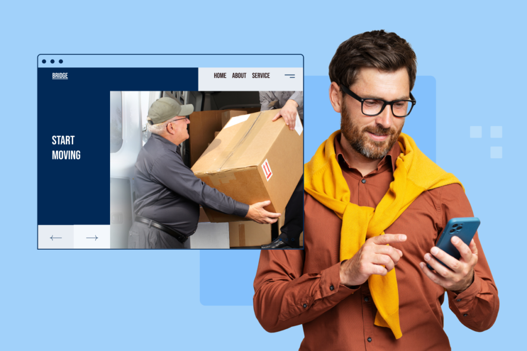 Man using a mobile phone with a moving service website interface on screen – Pay Per Click Advertising Agency.