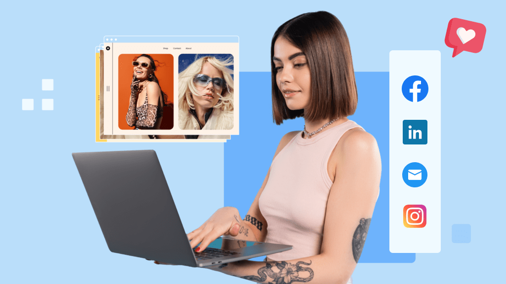 Woman working on a laptop with social media icons and fashion website interface, representing social media marketing services.