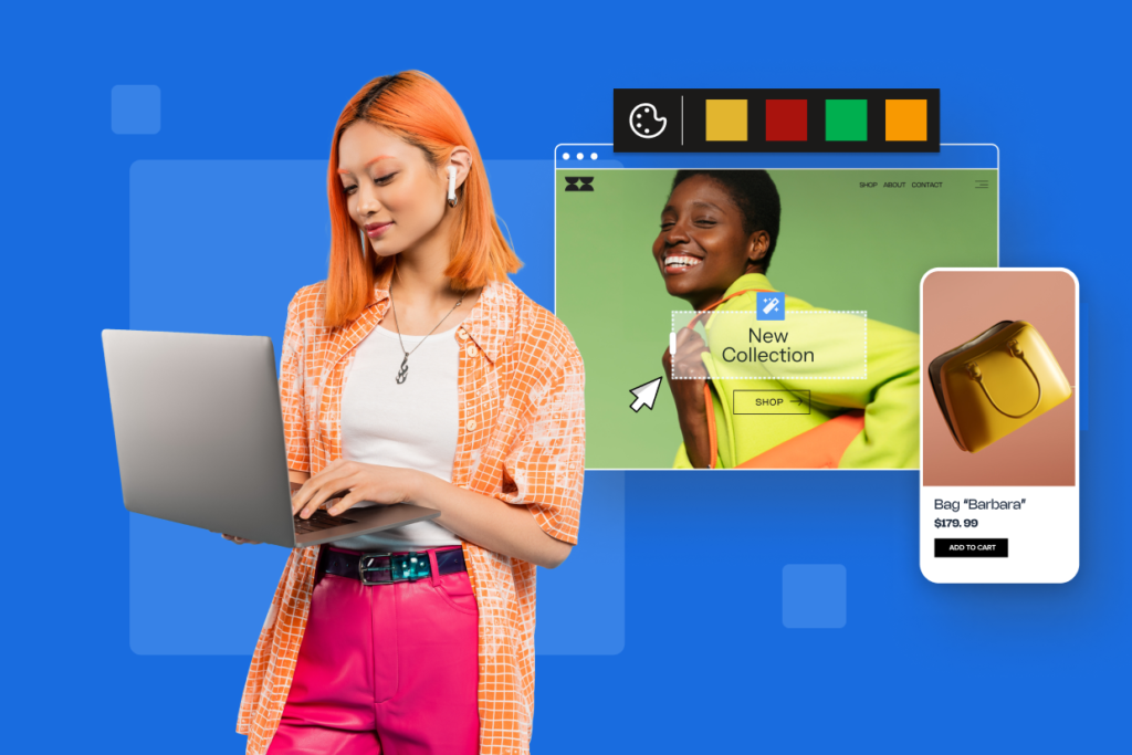 A designer working on a UI/UX design project, customizing an eCommerce website layout with a vibrant color palette and product showcase.