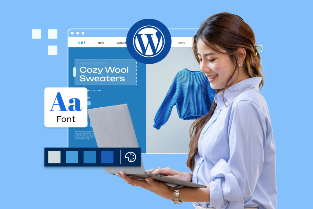 A woman designing a WordPress website with a blue-themed layout, focusing on font selection, color palette, and product display.