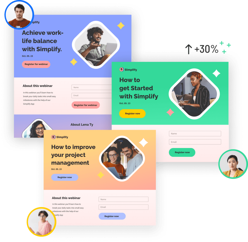 Three colorful webinar landing page templates featuring diverse individuals, call-to-action buttons, and registration forms, representing AI-powered landing page design.