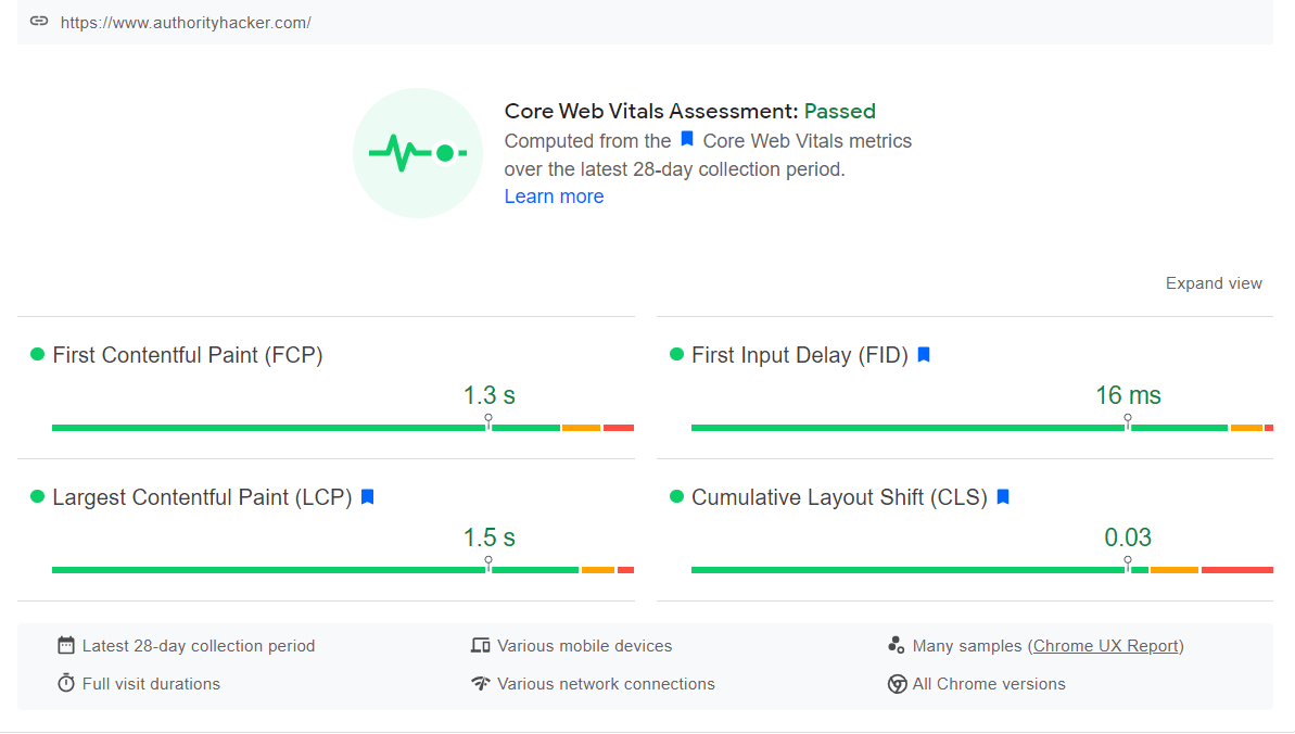 Screenshot of Core Web Vitals results for Authority Hacker, displaying performance metrics including FCP (1.3s), LCP (1.5s), FID (16ms), and CLS (0.03), with a "Passed" assessment status.