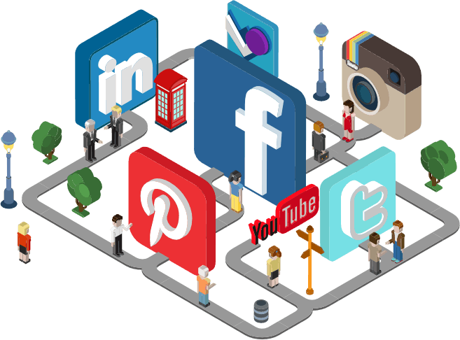 Isometric illustration of social media platforms including Facebook, LinkedIn, Instagram, Pinterest, YouTube, and Twitter with people interacting, representing social media marketing and engagement.