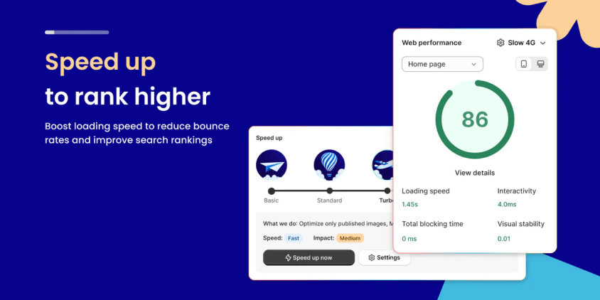 Shopify website speed optimization dashboard showing loading speed improvements and SEO ranking benefits.