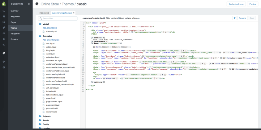 Customizing Shopify theme code using Liquid in the online store editor.