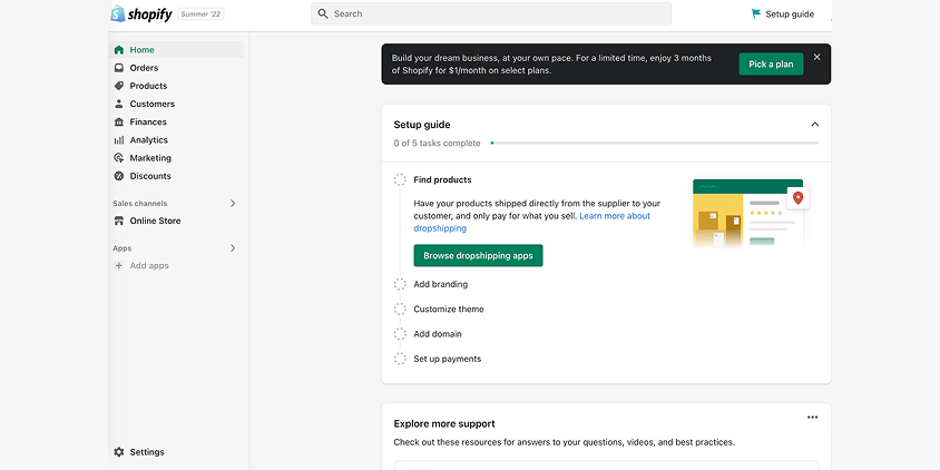 Shopify admin dashboard setup guide for building an online store.