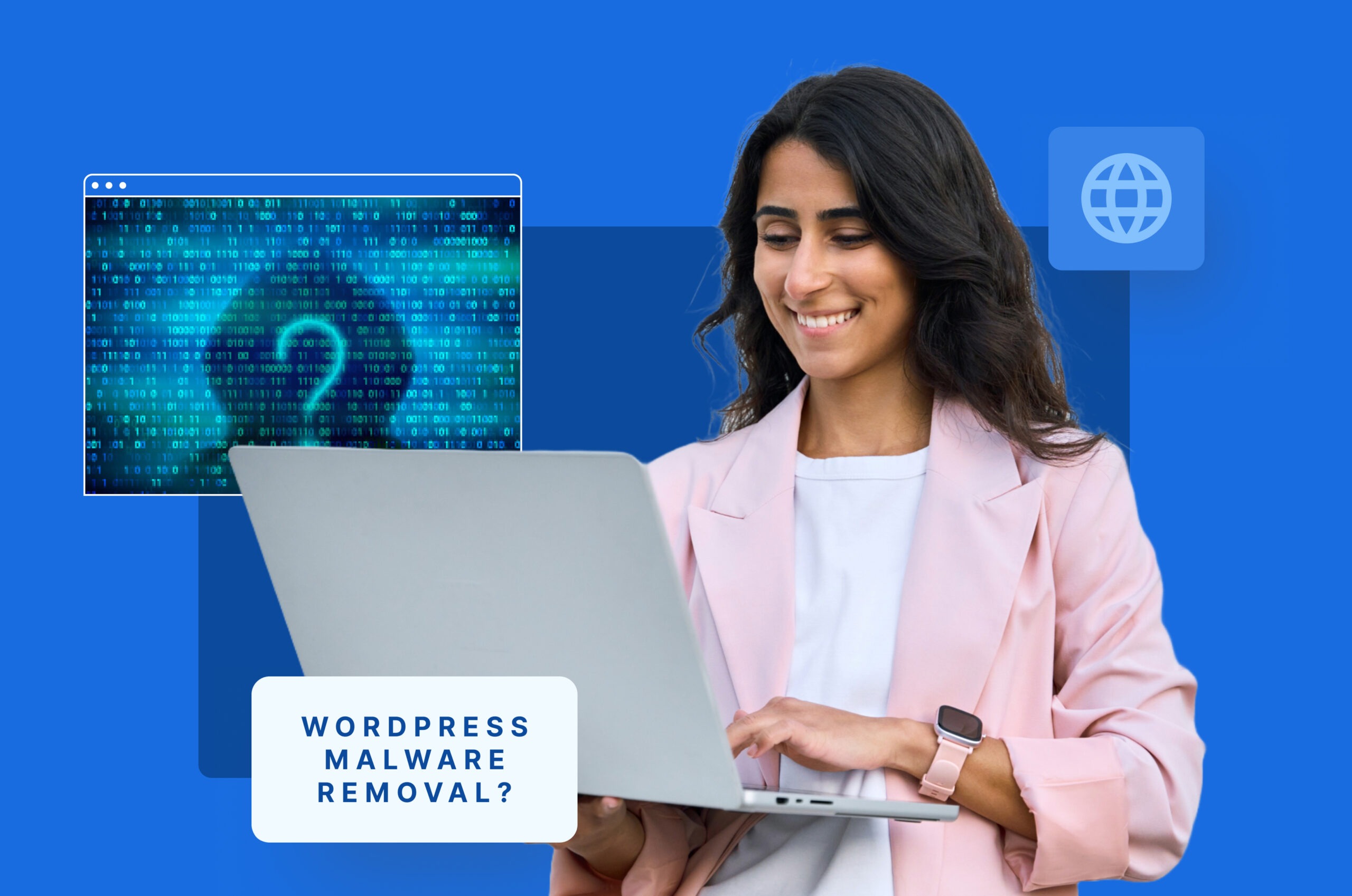 A smiling woman in a pink blazer using a laptop, with a digital security background displaying binary code and a question mark, symbolizing WordPress malware removal services.