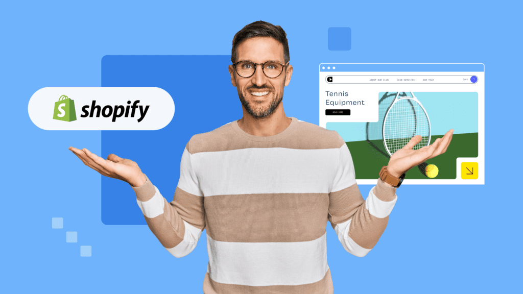A man in glasses and a striped sweater holding the Shopify logo on one side and an online store interface on the other, representing Shopify website development.